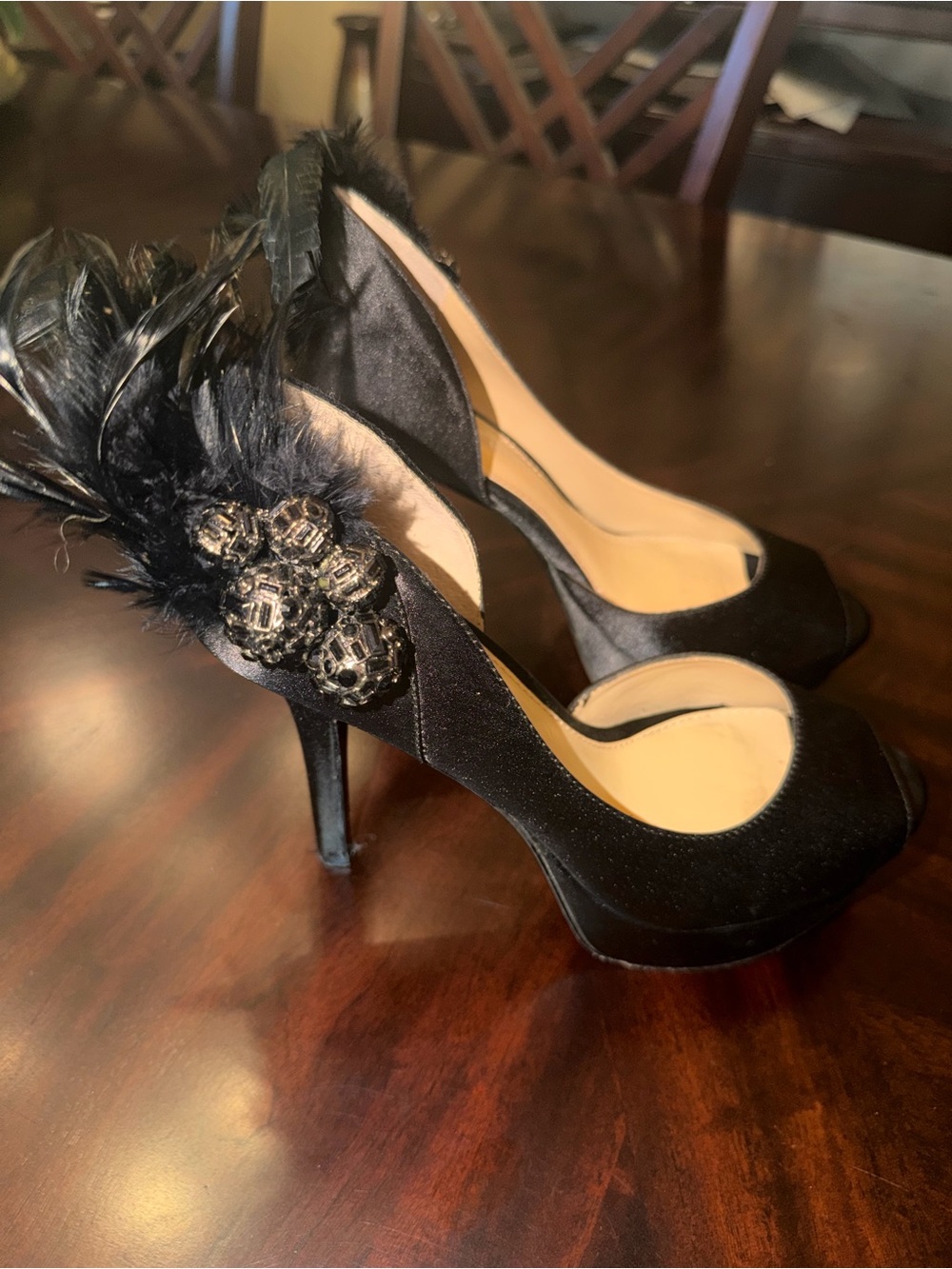 Gianni Bini Black Feathery & Bead Embellished Satin High Heels